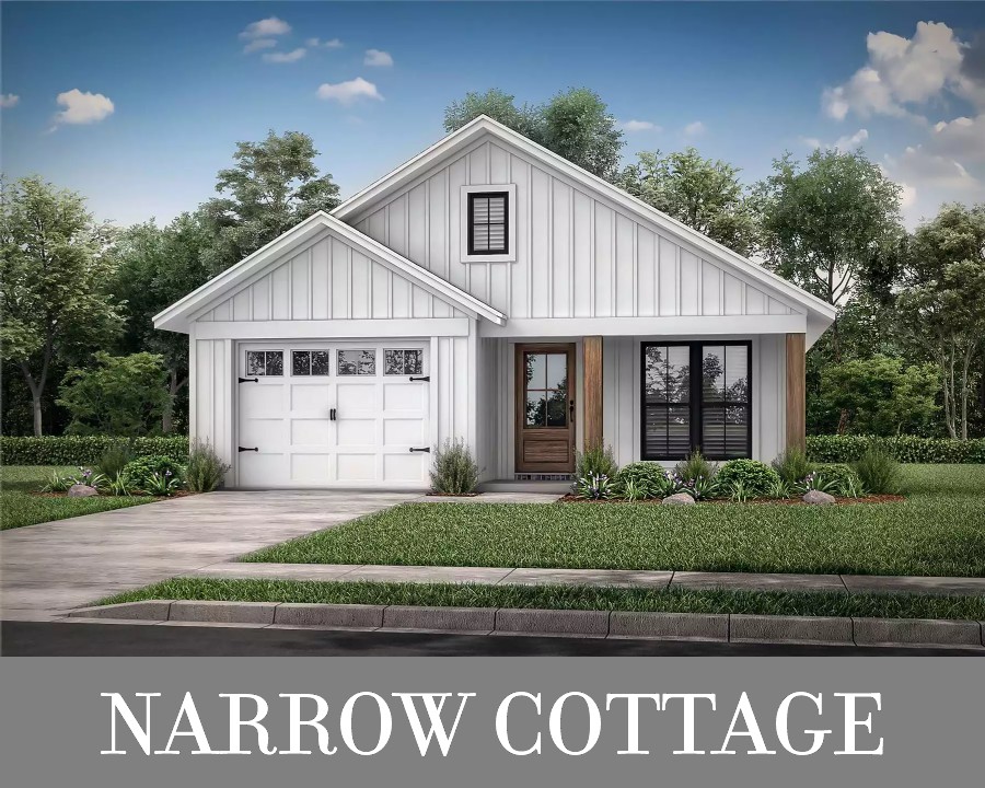 A Narrow Three-Bedroom, One-Story Cottage witth a One-Car Garage