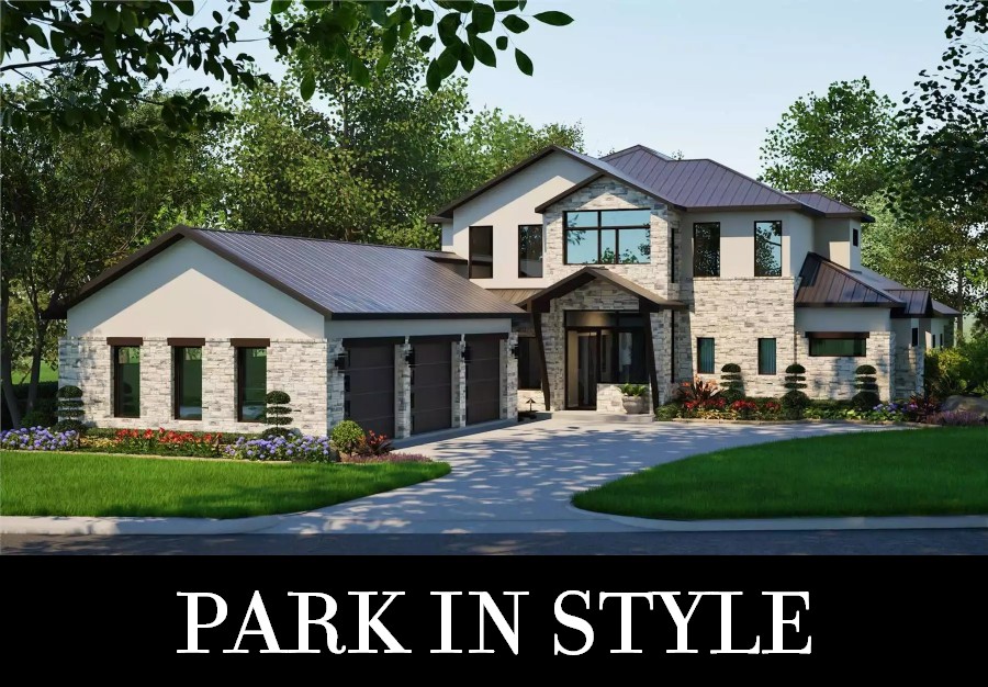 A Transitional Texas-Style Luxury Home with a Three-Car Garage with Golf Cart Space