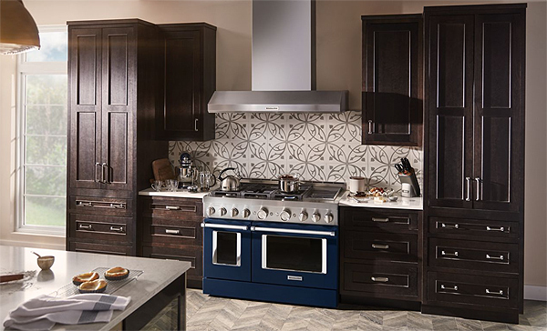 A Large Double-Oven Range with Six Burners and a Grill in a Deep Blue Finish