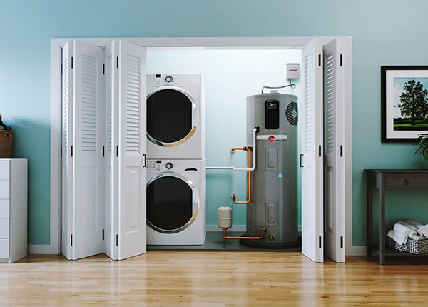 A Closet with Stacked Laundry and a Super-Efficient Hot Water Heater with Zero Clearance Needed