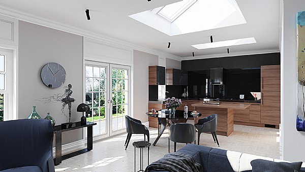 A Great Room and Kitchen with Skylights Through Lightwells