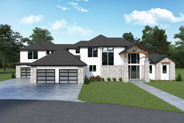 A Luxury Transitional Home with Four Split Bedrooms, Two Two-Car Garages, and a Conference Area