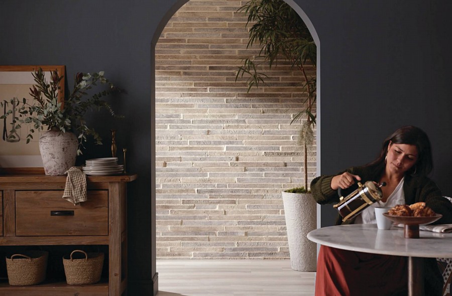 A Brick Accent Wall with a Chic Long Shape Profile and Warm Color Blend