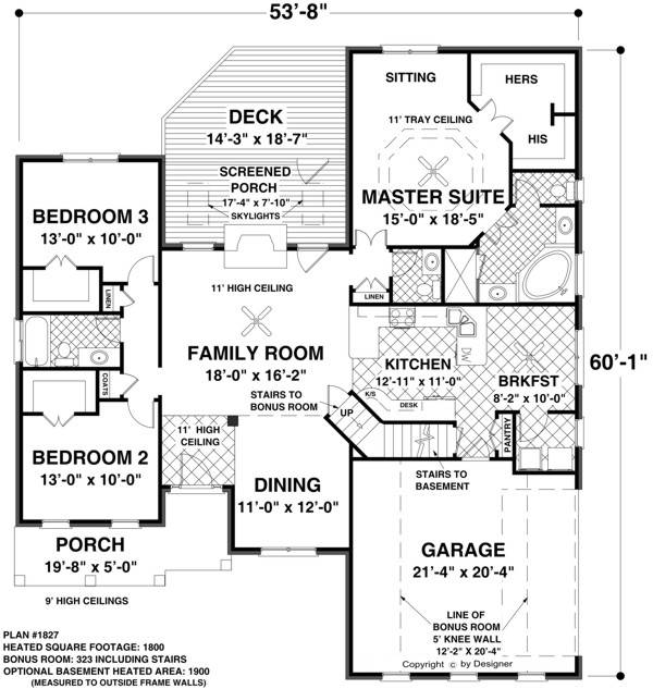 Floor Plan #1 – Single-level ranch, 3 bedrooms, 2 bath, 3-stall
