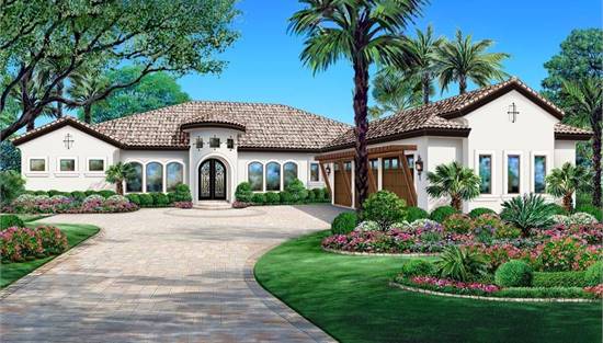 Tuscan Ranch Home with Turret Front Entry