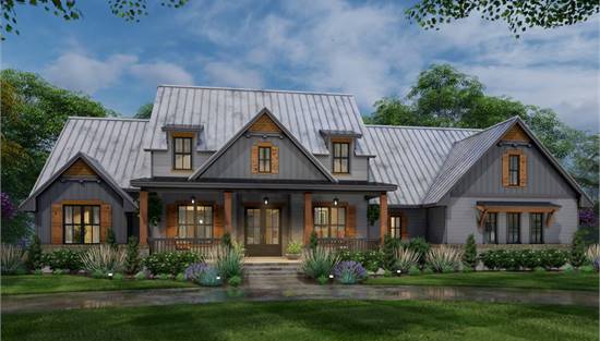 Stunning Front View with Covered Porch, Dormers and Gables