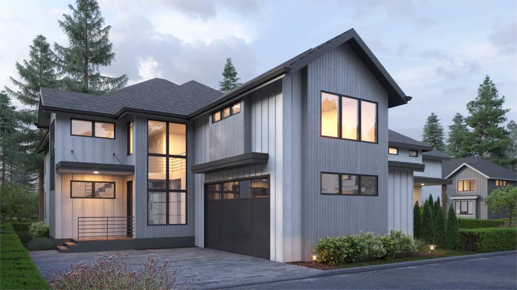 a modern narrow house plan with a front side-entry garage
