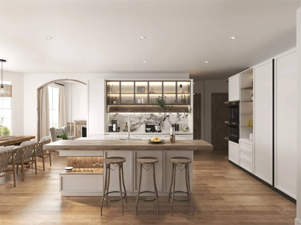 kitchen with stone slab backsplash