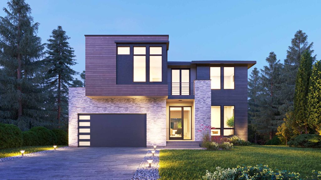 a two-story home with modern style and three levels thanks to the walkout basement