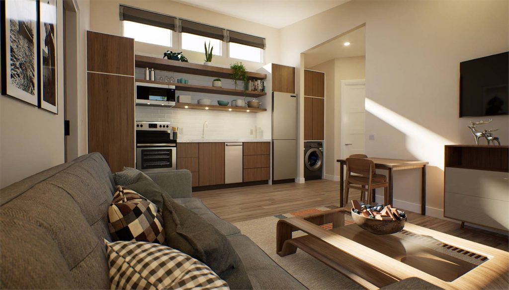 interior rendering of the living spaces in a tiny modern house plan