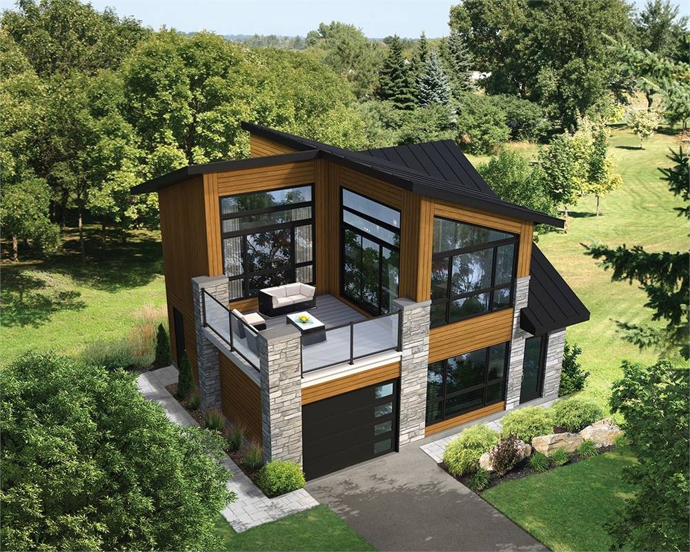 a tiny two-story modern home with tons of windows and a one-car garage