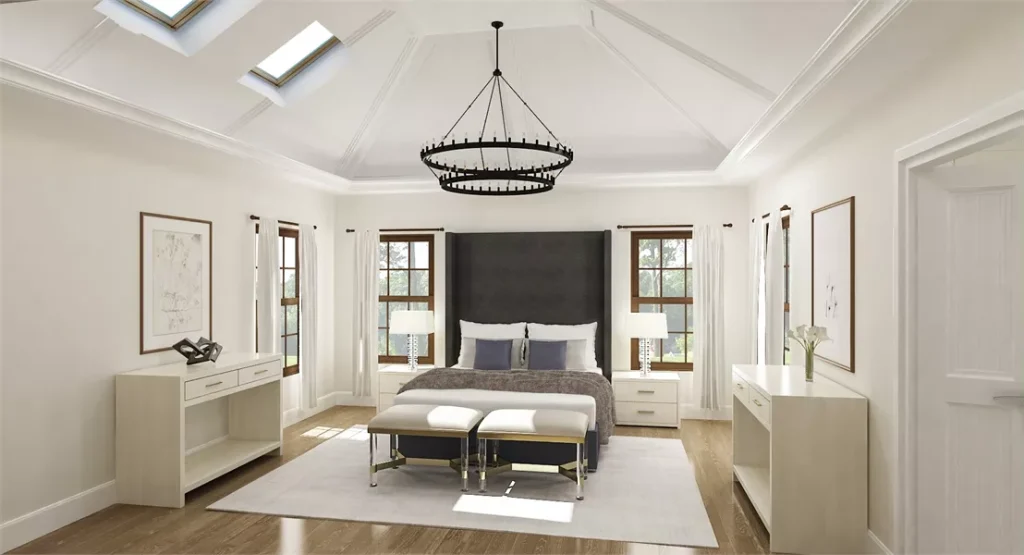 a luxurious second-story master suite in a traditional home