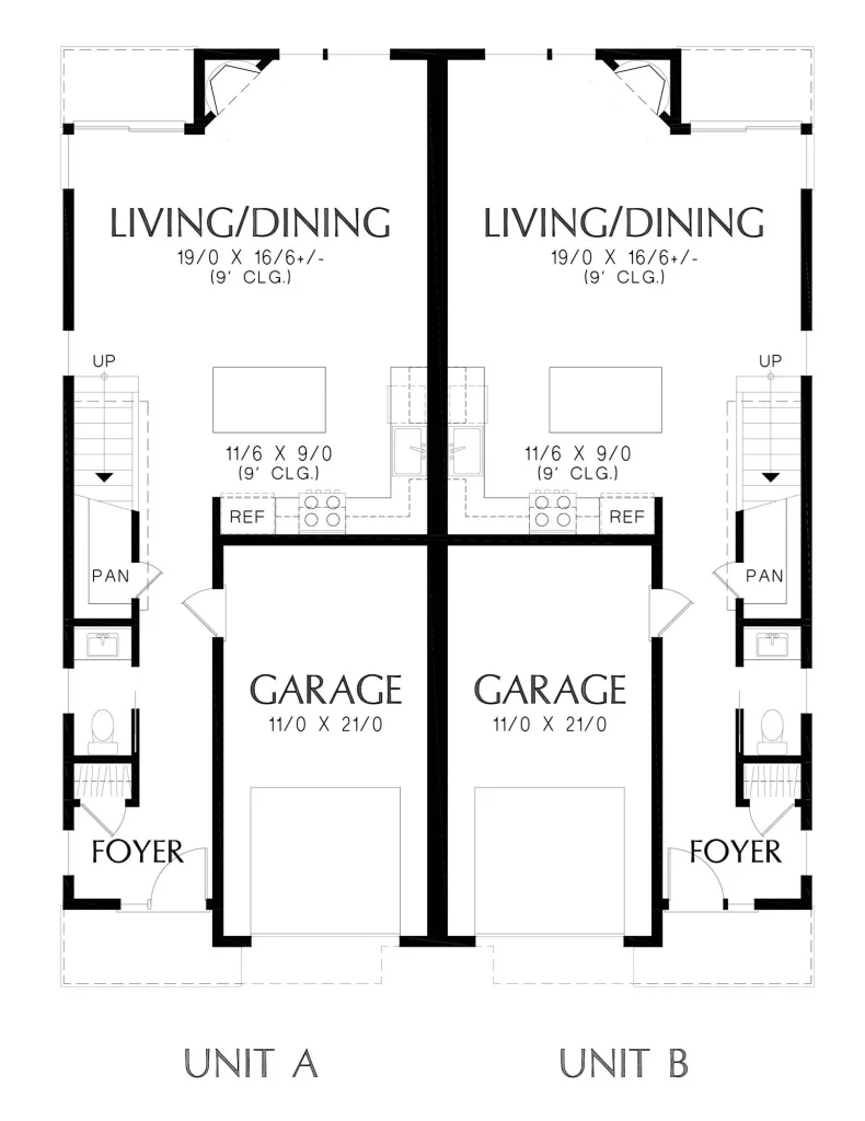 the first floor of a modern duplex with open living