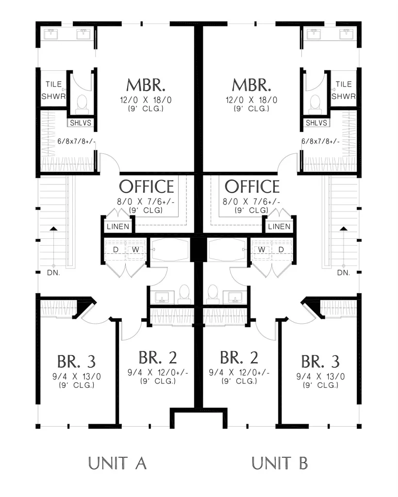 the upper floor of a modern duplex with three bedrooms and an office