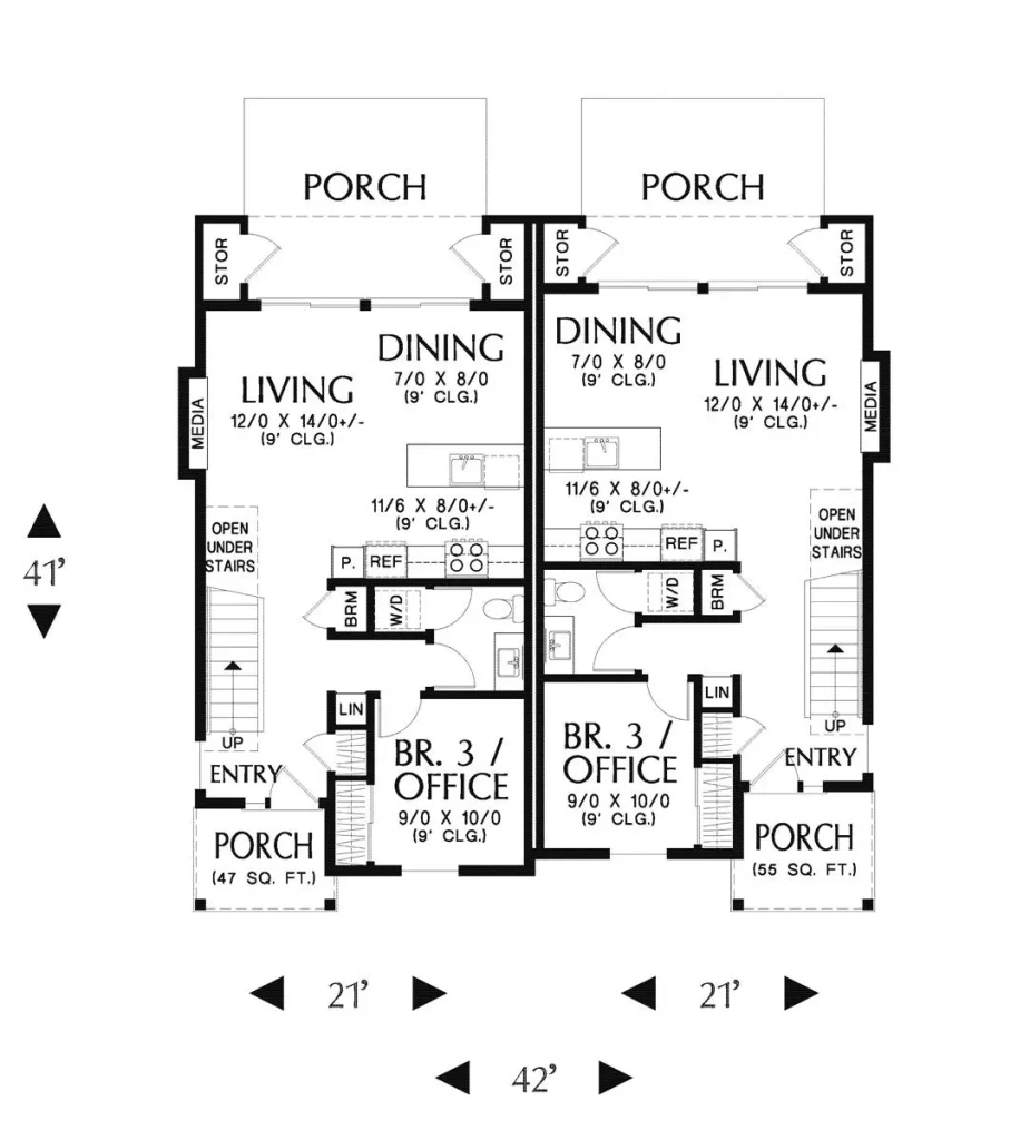 farmhouse duplex version of multigenerational house plans with open living and a bedroom/den on the main floor