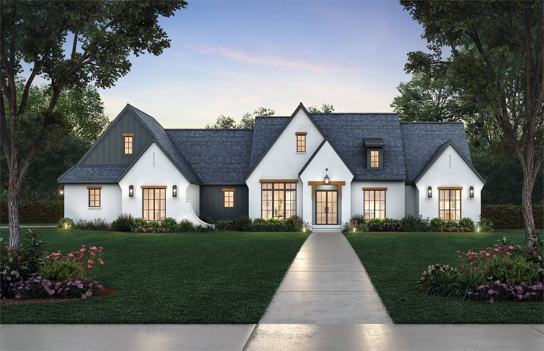 Front exterior rendering of the Rosslyn House Plan 7505, a modern French country ranch with white brick, steep gables, dark board-and-batten accents, warm wood trim, and large windows across the façade, surrounded by manicured landscaping at dusk.