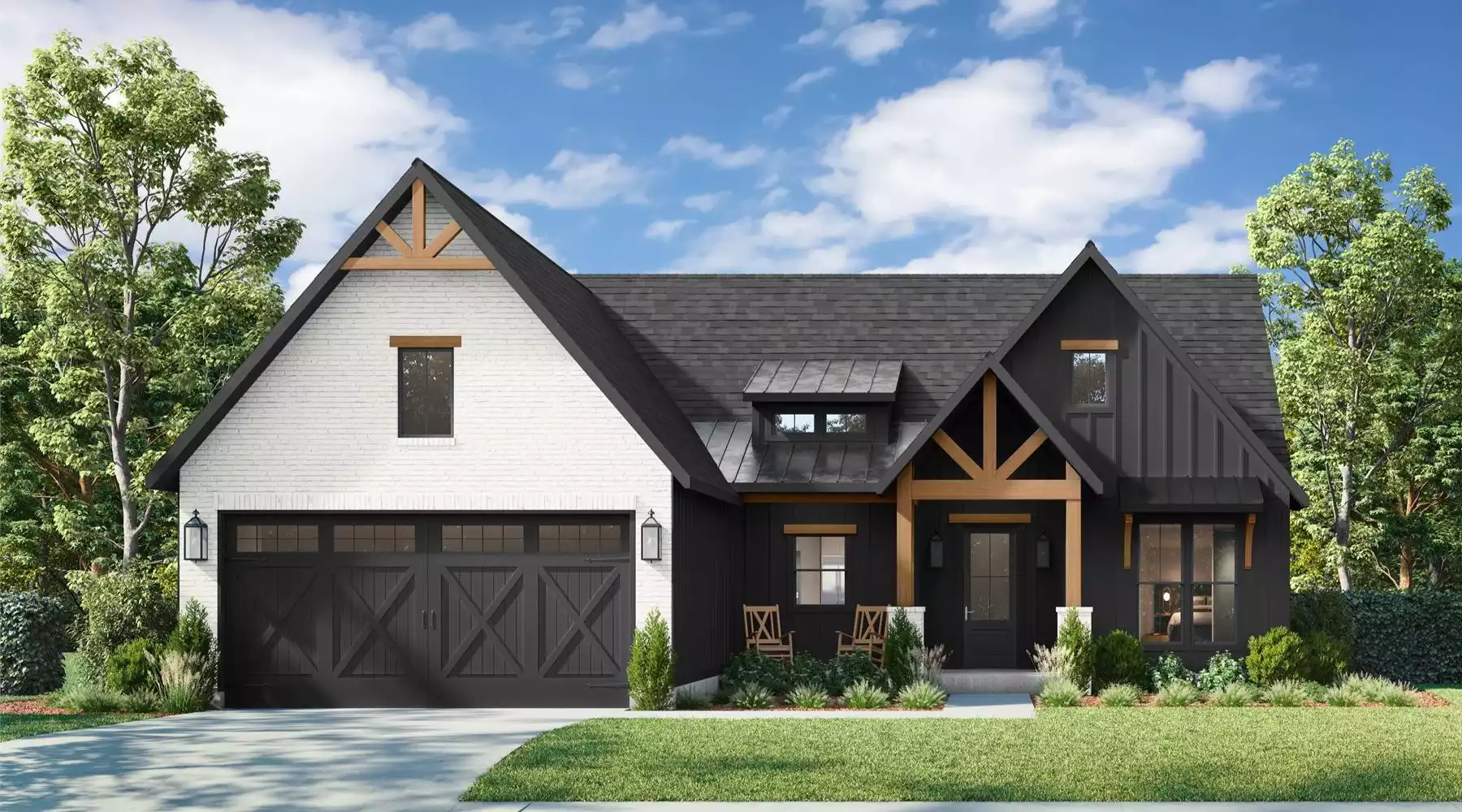 Modern farmhouse house plan 10107 Dover Hills with black siding, white brick exterior, timber gables, and a two-car garage