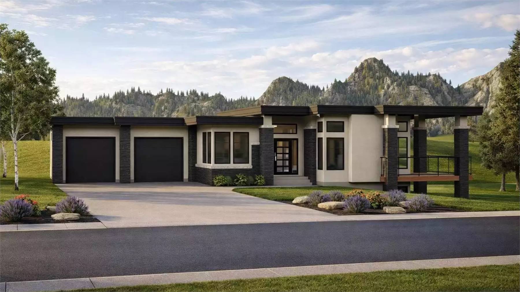Modern house plan 12372 featuring a flat roof, large windows, 3-car garage, and contemporary exterior with clean lines and landscaped front yard