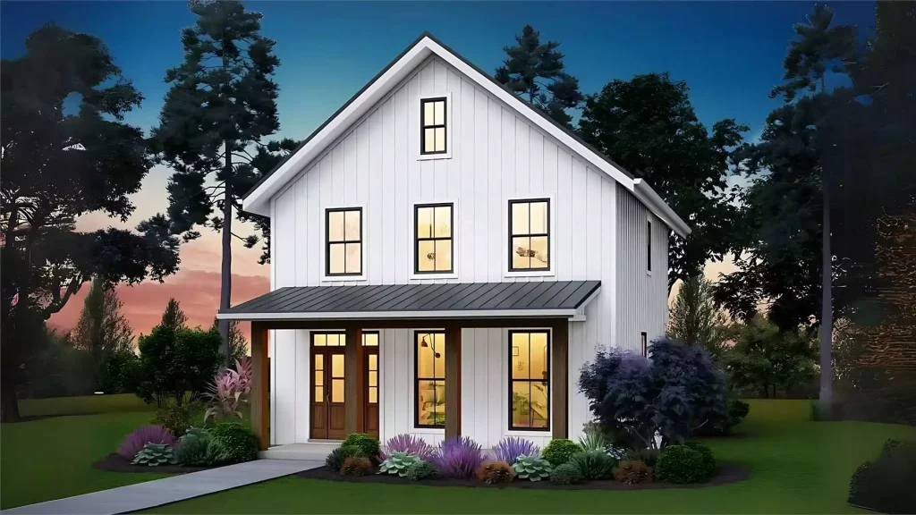 2 story modern farmhouse house plan with 3 bedrooms and front porch