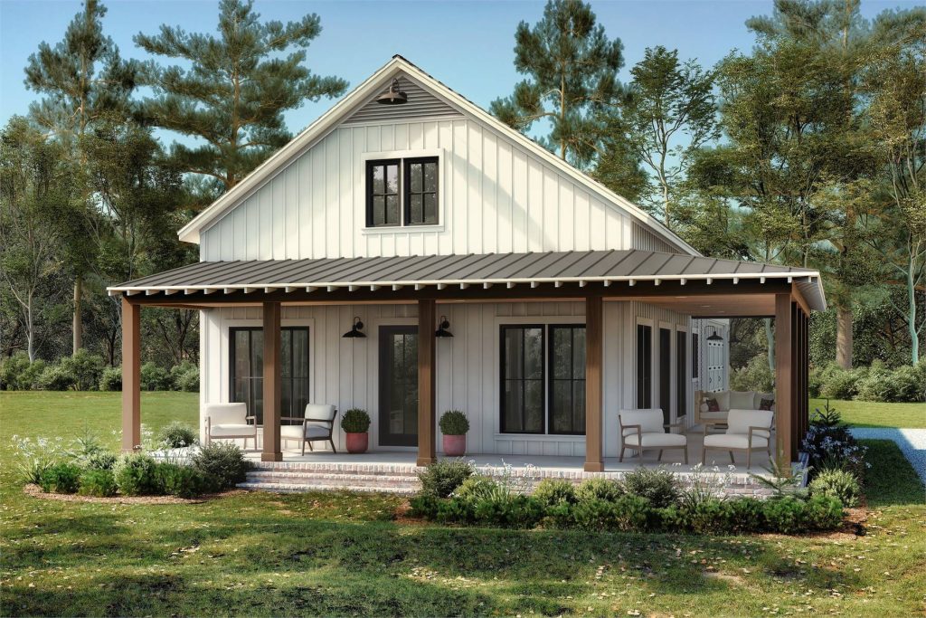 1 story small ranch house plan with covered porch and simple layout
