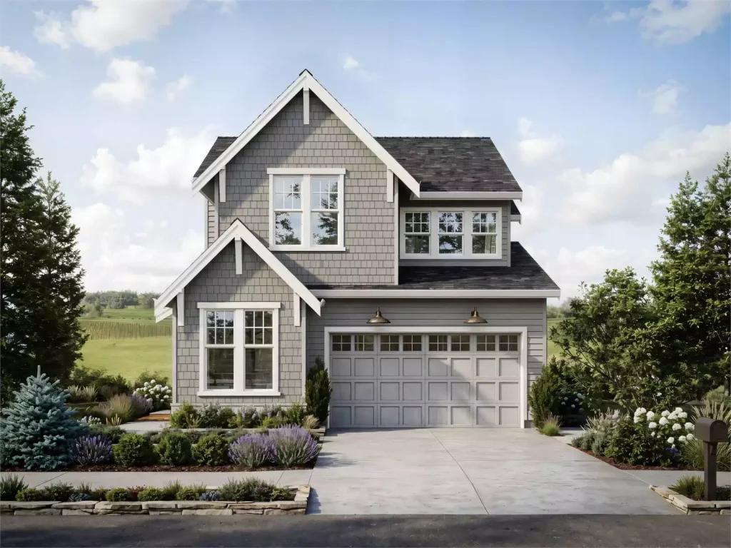 small farmhouse house plan with front garage, clean siding, and landscaped entry