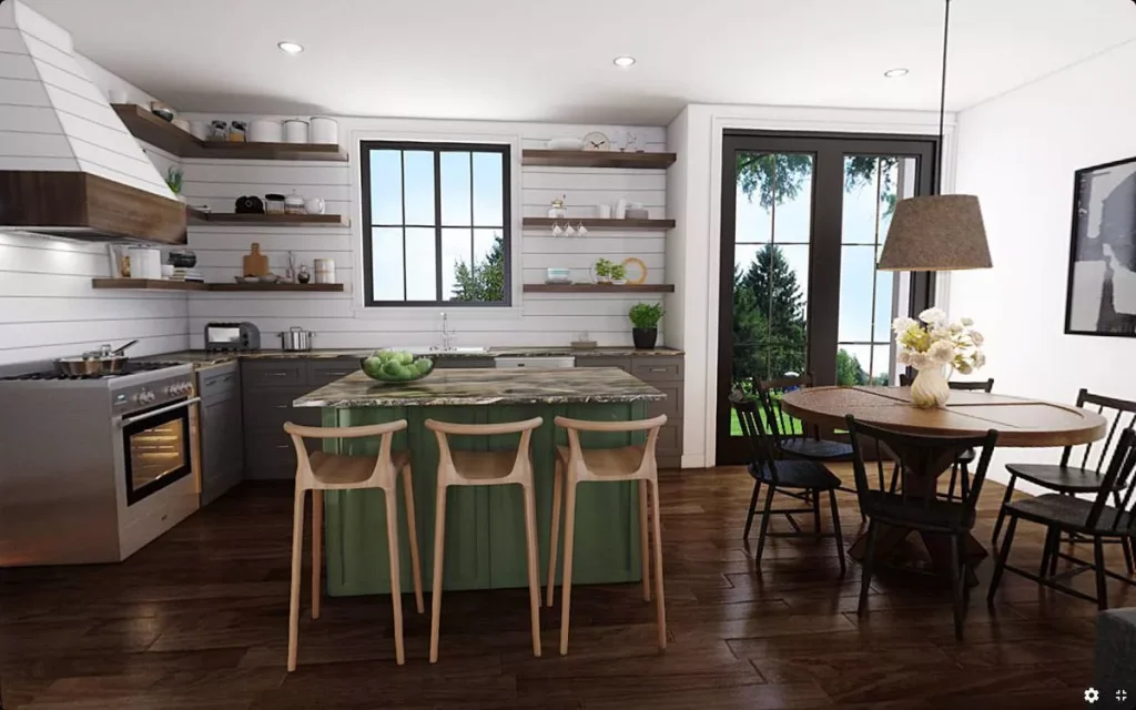 modern farmhouse kitchen with island seating, open shelving, shiplap walls, and dining area with large windows and patio doors