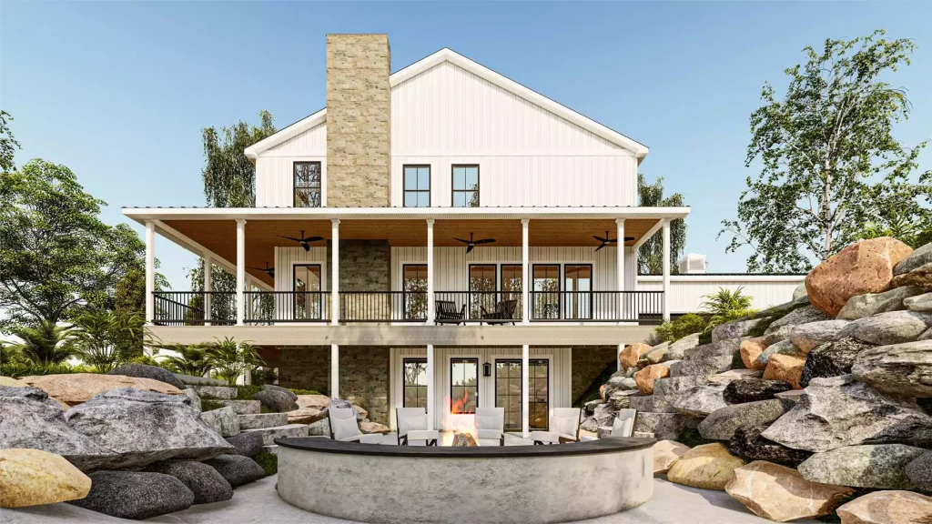 large farmhouse house with wraparound porch, outdoor living space, and backyard fire feature