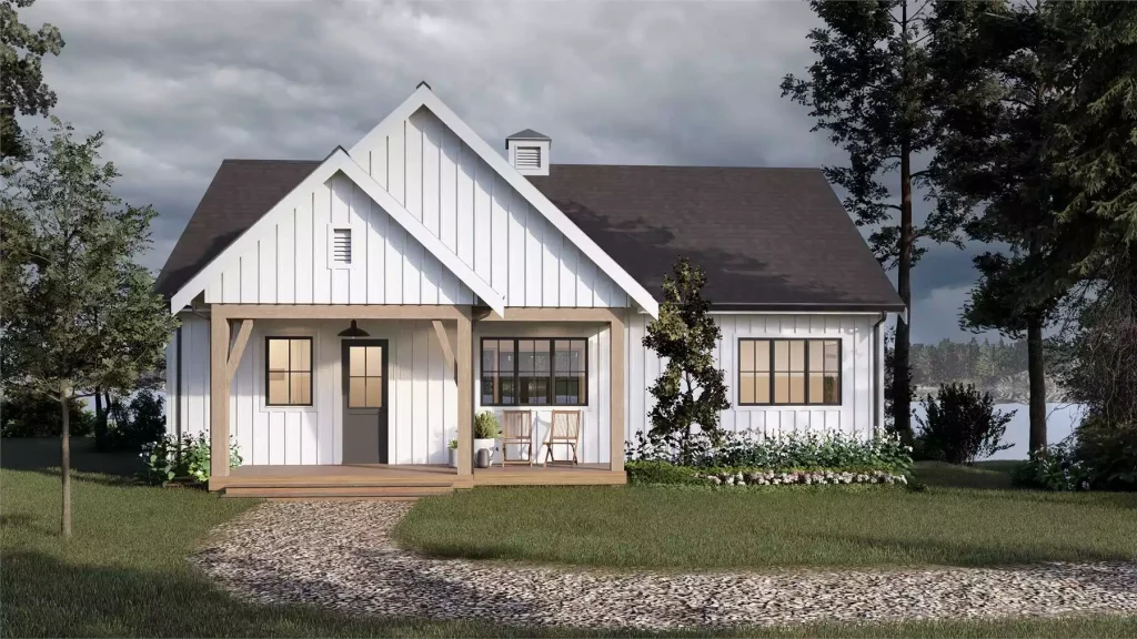 3 bedroom ranch house plan with attached garage and clean exterior design