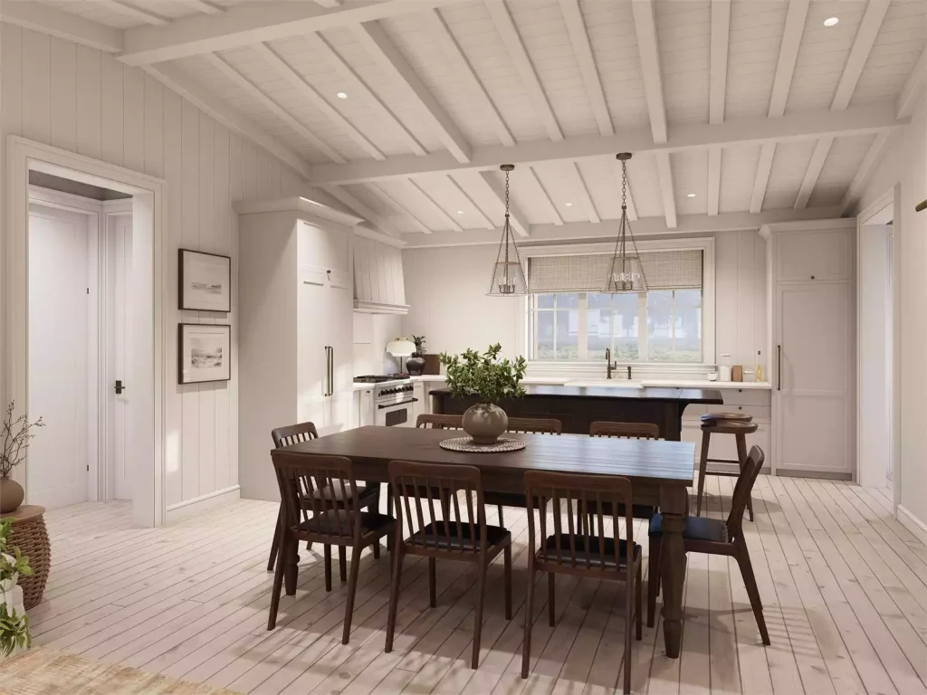 farmhouse kitchen and dining area with wood beams, large dining table, white cabinetry, and open concept layout