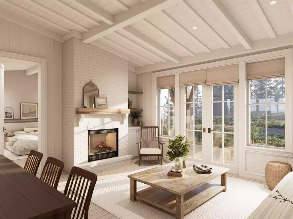 cozy farmhouse living room with white brick fireplace, wood mantel, large windows, and natural light