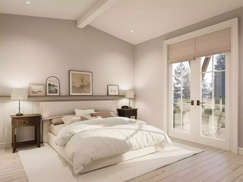 modern farmhouse bedroom with neutral tones, large bed, bedside tables, and french doors leading outside