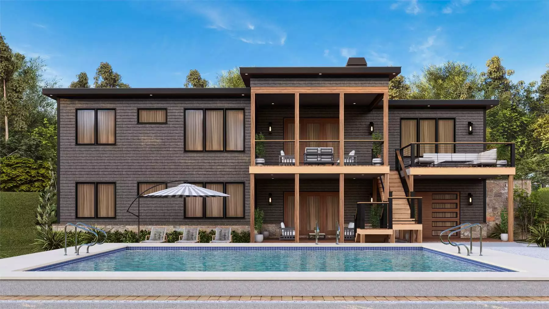 Rear view of a modern black contemporary house with two-story outdoor living spaces, wood accents, large windows, upper decks, and a swimming pool in the backyard.