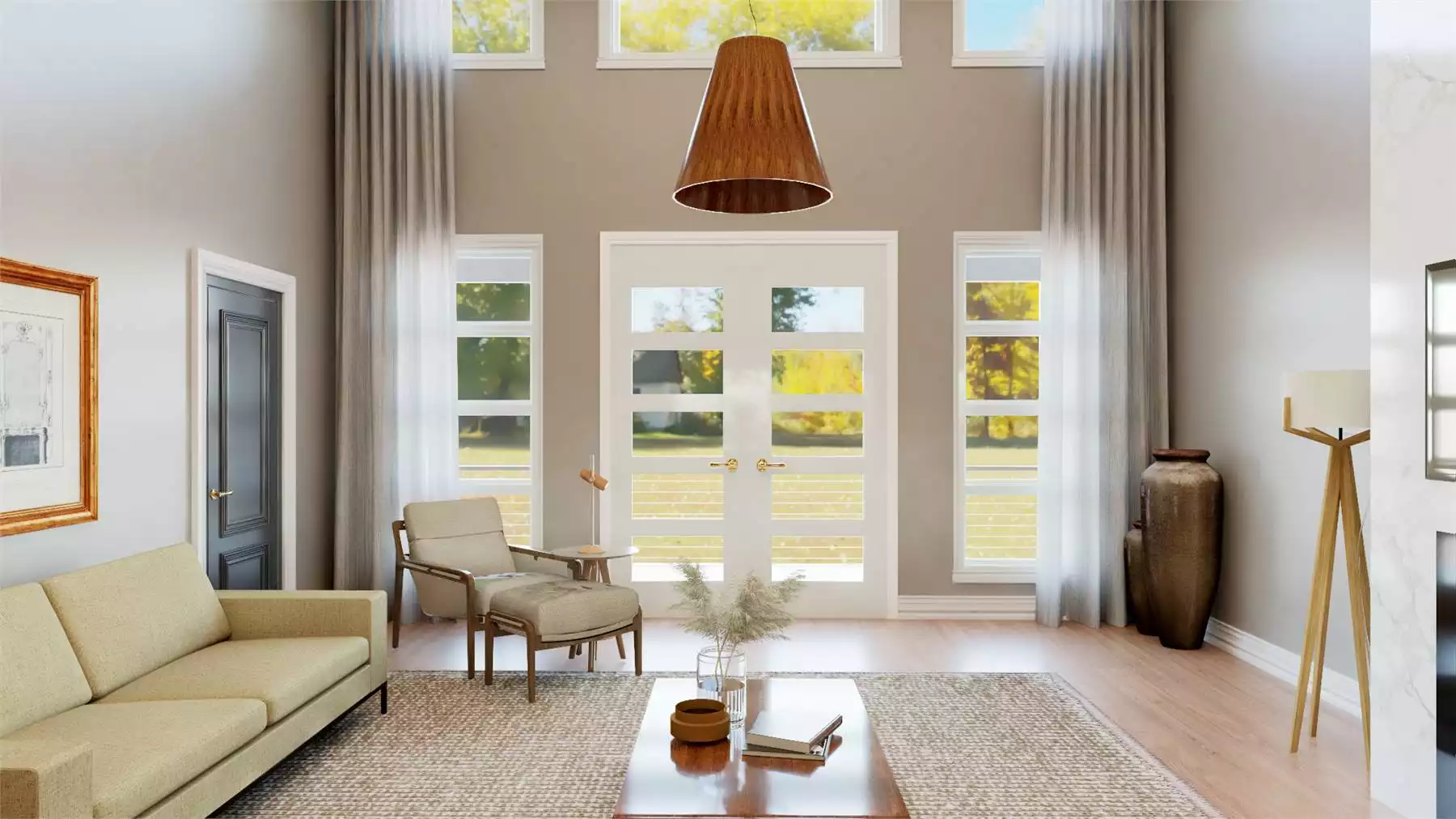 Sun-filled modern great room in the Glennon house plan featuring a soaring ceiling, tall windows, contemporary furnishings, and a bright open-concept design.
