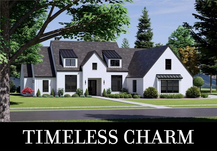 A Transitional Farmhouse with Euro Vibes Thanks to Its Steep Rooflines and Brick Exterior