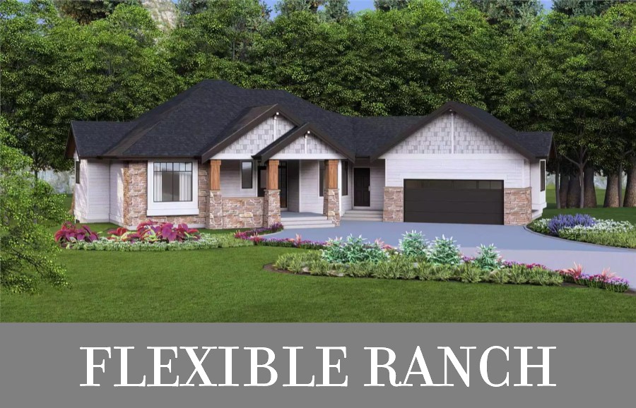 A Ranch with an Angled Courtyard Garage, Open Living, 2 Bedrooms, a Large Mudroom, and Porches
