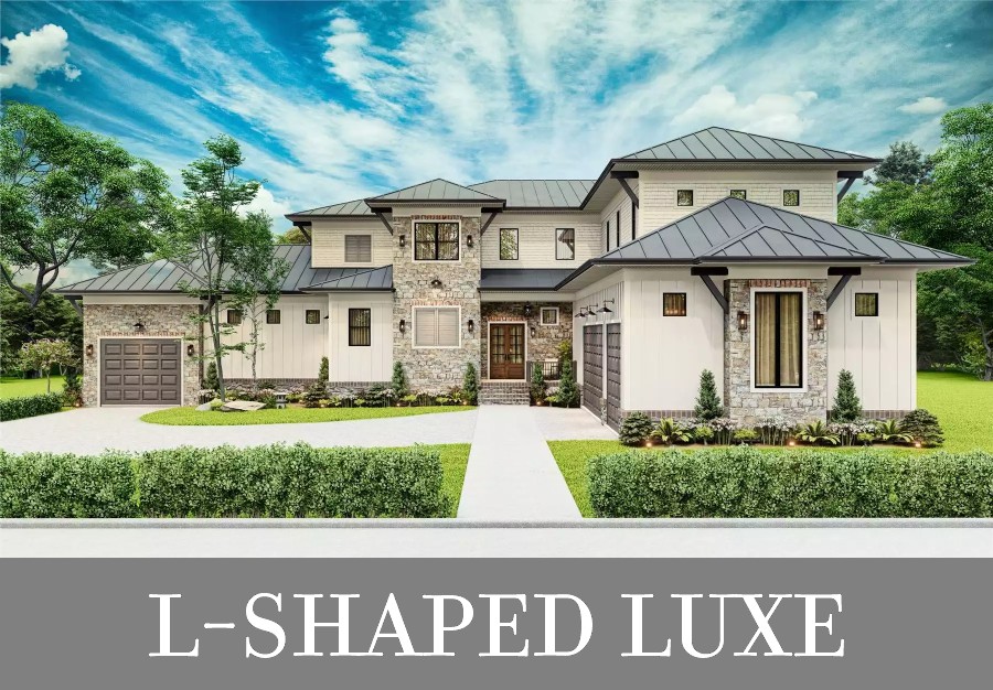 A Two-Story Luxury Home with an L-Shaped Footprint, Open Living, and Split Bedrooms