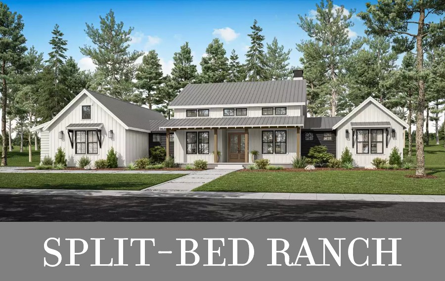 A Barndo-Inspired Ranch with High Ceilings in the Living Areas and Bedrooms in Split Wings