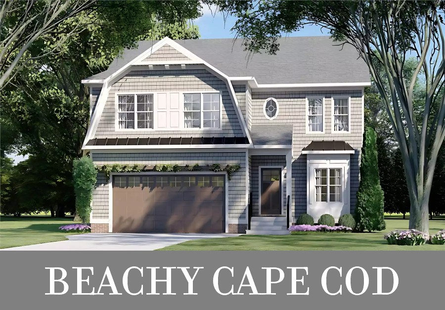 A Beachy Two-Story Home with a Gambrel Roof Detail and Four Grouped Bedrooms in 2,207 Square Feet