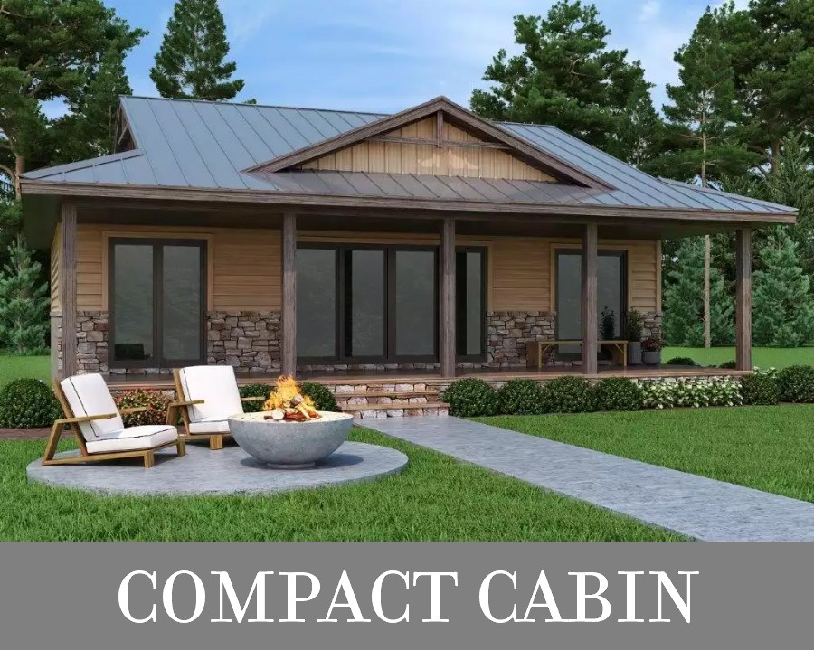 A Rectangular Cabin with Two Bedrooms, Two Bathrooms, and Open Vaulted Living