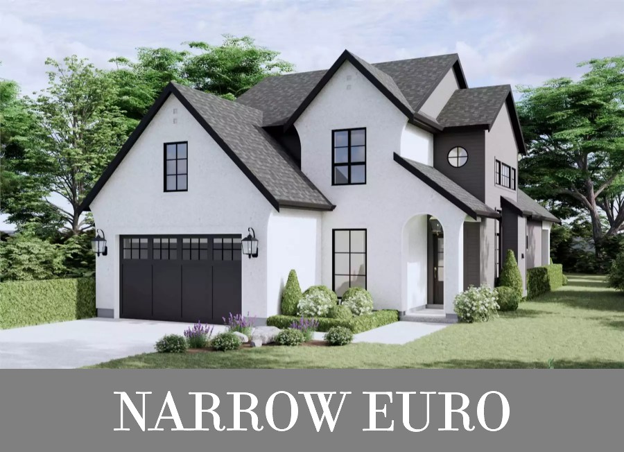 A Narrow Two-Story European Home with Three Split Bedrooms, Open Living, a Flex Room, and a Bonus