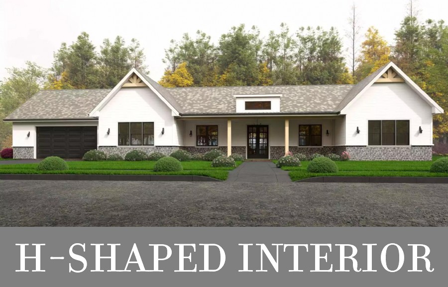 A Ranch with an H-Shaped Interior Layout, 3 Bedrooms, 2.5 Bathrooms, and an Attached Garage