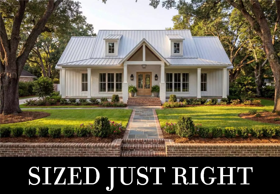 A Symmetrical Farmhouse Ranch with Central Open Living, 3 Split Bedrooms, and a Side-Entry Garage