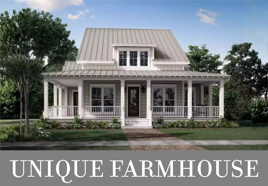 A Farmhouse for a Deep Lot with a Wraparound Porch, 3 Grouped Bedrooms, and a Rear Garage