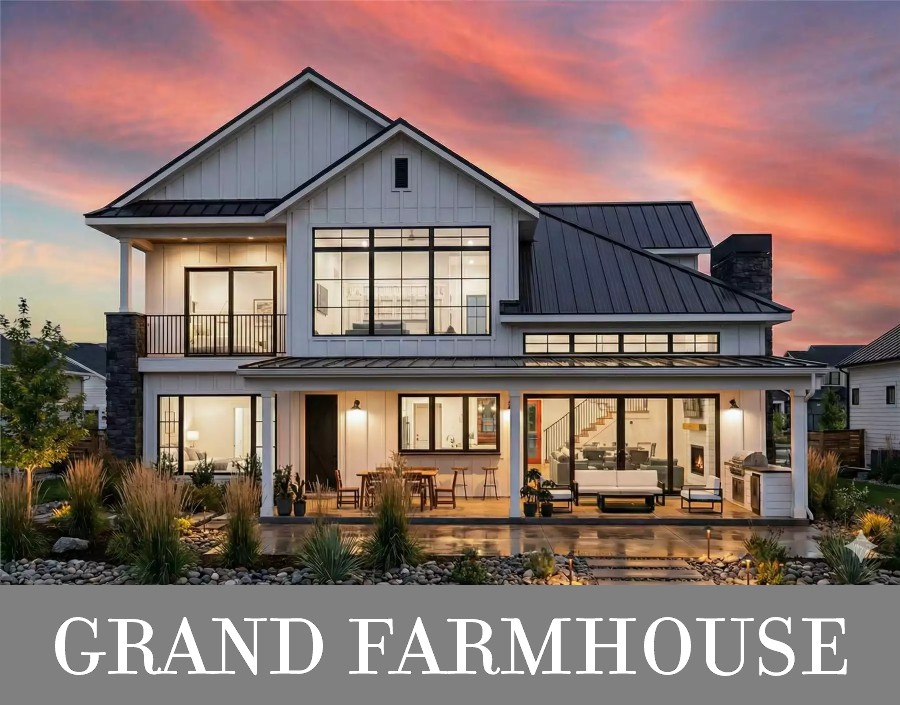The Rear of a 2-Story Modern Farmhouse with Outdoor Bar Seating by the Kitchen Window
