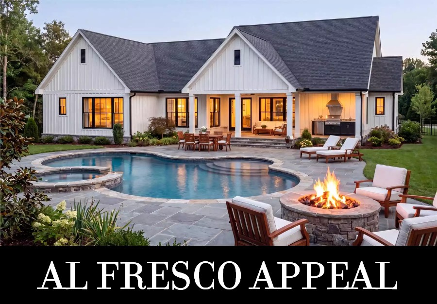 The Rear of a Transitional Farmhouse with a Back Porch with an Outdoor Kitchen and Imagined Pool