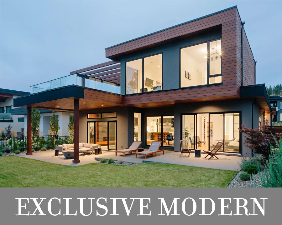 The Rear of an Exclusive Modern Home with Stacked Outdoor Living, with a Balcony Deck over the Patio