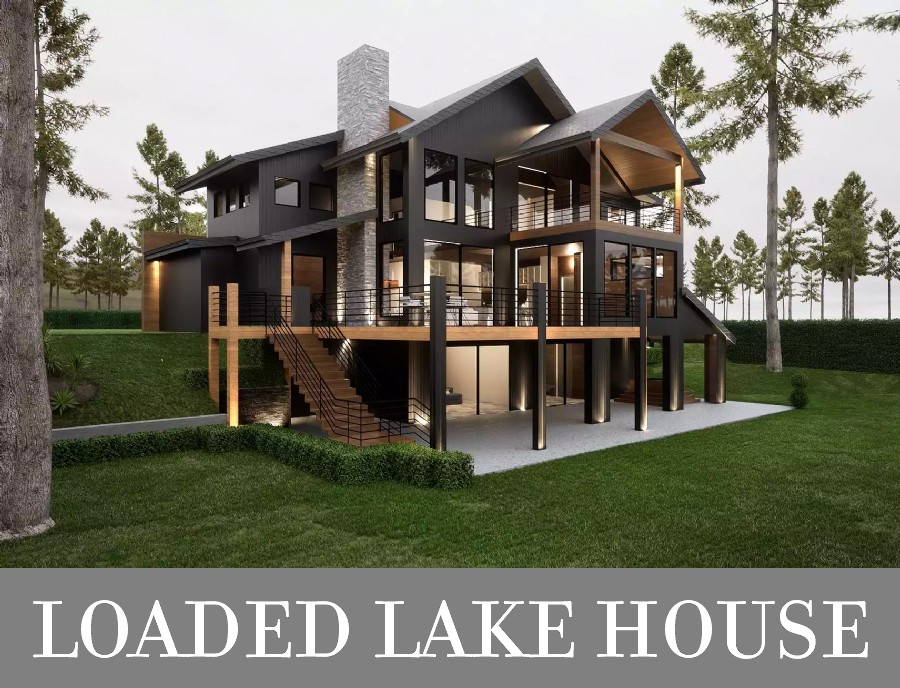 A Large, Contemporary Lake House for a Downslope with 5 Bedrooms and Other Spaces Across 3 Floors