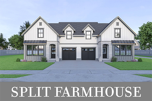 A Farmhouse-Style Duplex with Center Through Garages, Open Living, and 3 Beds and 2.5 Baths per Unit