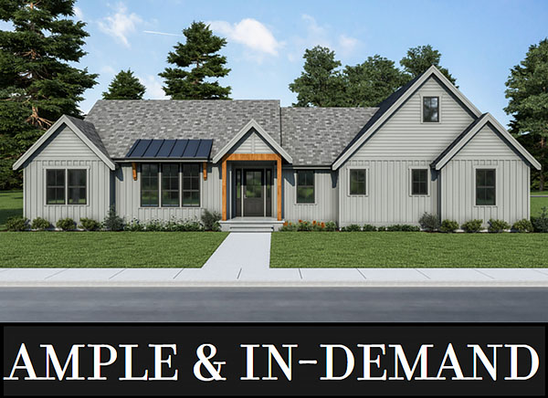 A One-Story Craftsman Farmhouse with Split Bedrooms, Office Space, and a Rear-Entry Garage