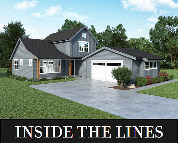 A Two-Story Farmhouse with a Front Side-Entry Garage on a 42' by 65' Footprint